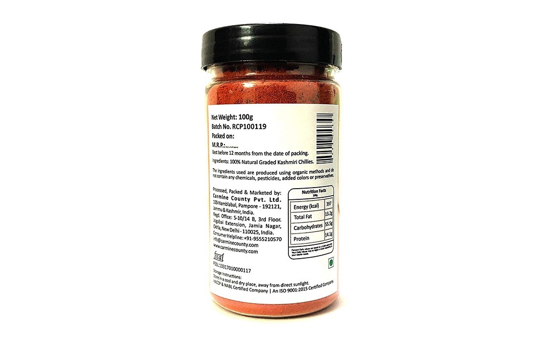 Carmine County Kashmiri Red Chilli Powder    Glass Jar  100 grams